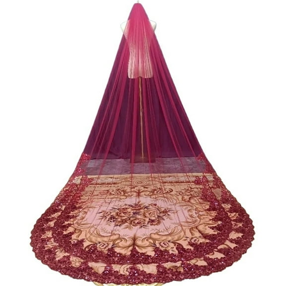 Elegant Wine Red Bridal Veil with Sequins - 1 Tier Cathedral Length Wedding Accessory with Metal Comb