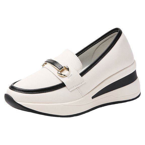 Women's Slip On Platform Wedge Loafers Lightweight Leather Wide Toe Box Tennis Shoes Comfortable Walking Sneakers Black Size 7.5