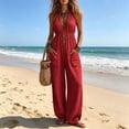 thumbnail image 3 of Womens Summer Halter Jumpsuits Plunge Sleeveless Beach Vacation Romper Elastic Waist Linen Jumper with Pockets Red, L, 3 of 7