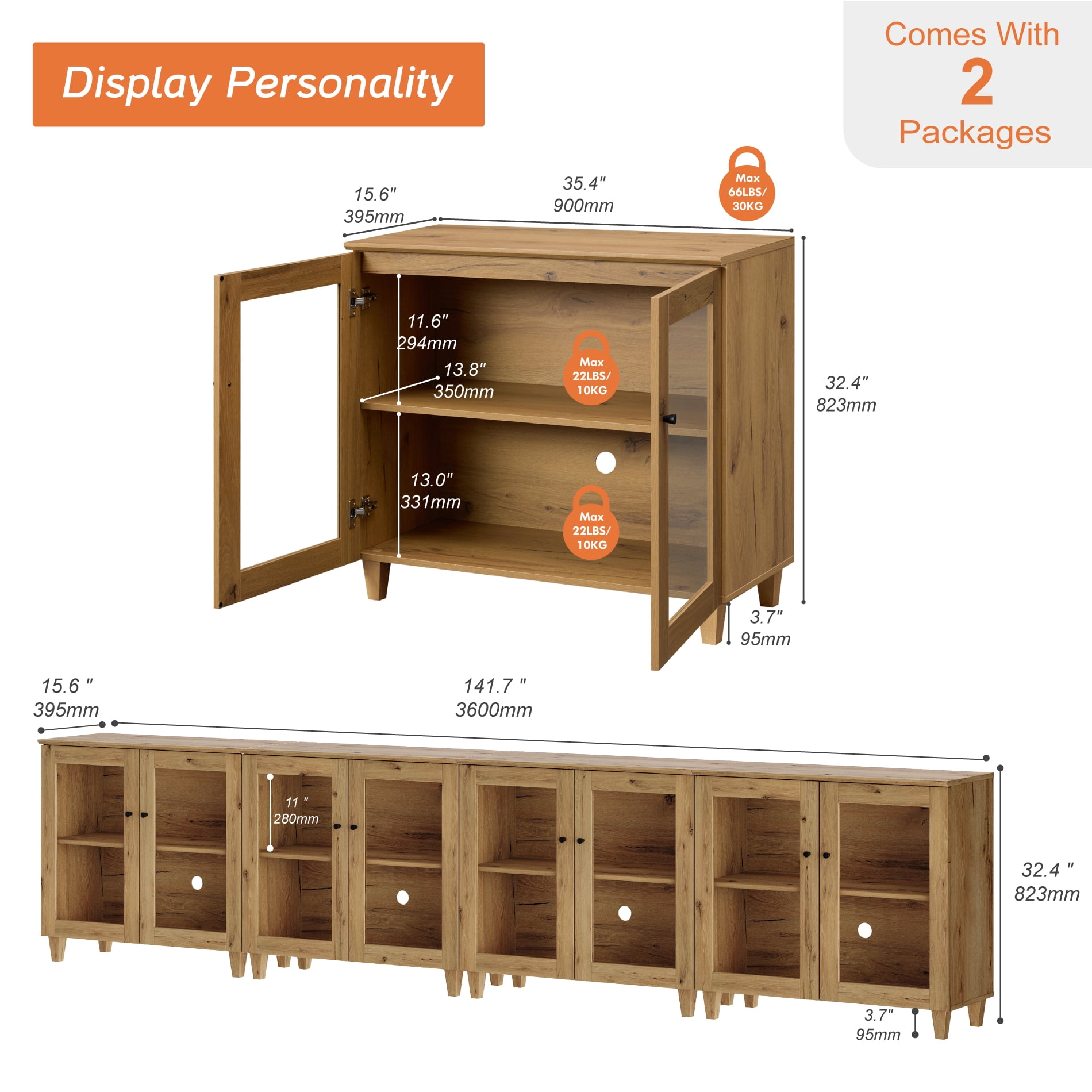 Modern Glass‑Door Storage Cabinet, Bedroom Organizer – Adjustable Shelves, Anti‑Tip, Oak Brown, 142" W