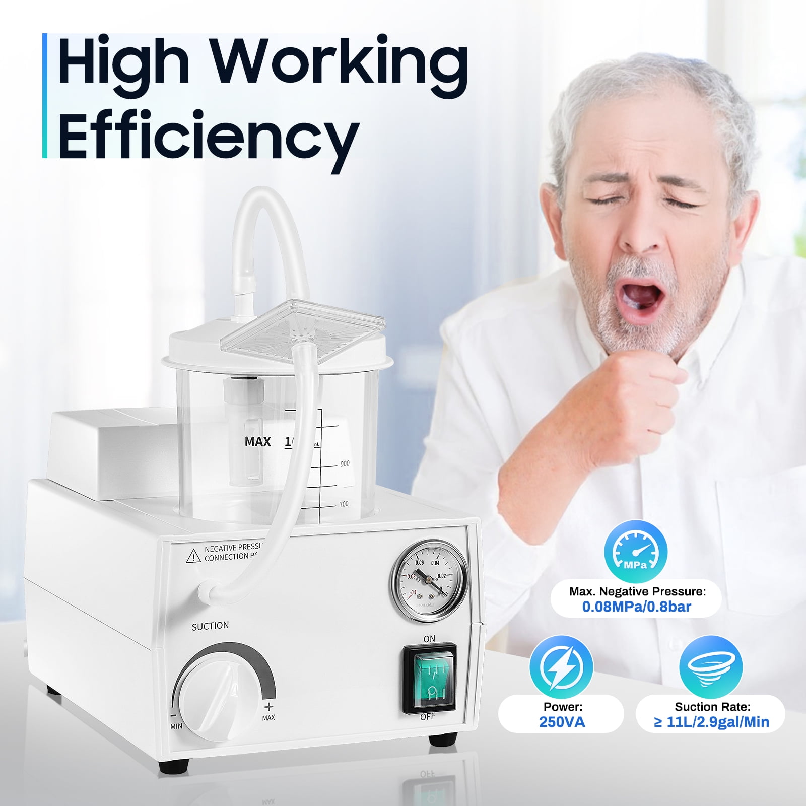 Wildnix Portable suction machine with ≥11L/min flow rate, adjustable negative pressure (0.02MPa to Ultimate Negative Pressure), oil-free high-efficiency piston pump, large capacity bottle, soft medic