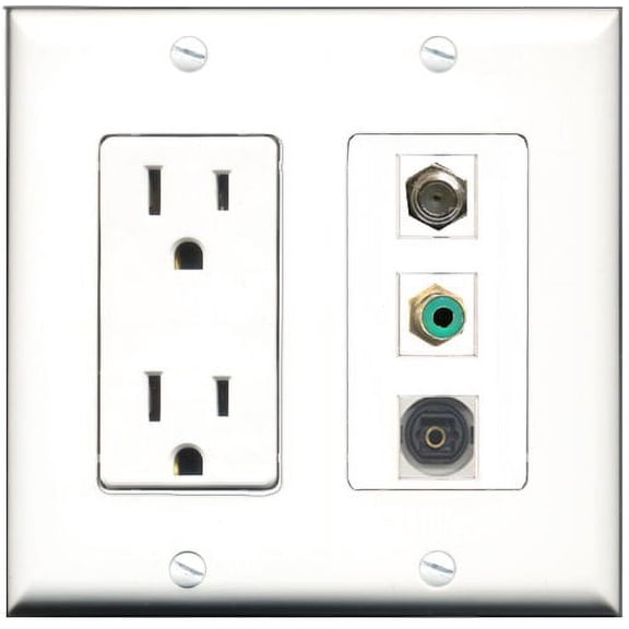 RiteAV - 15 Amp Power Outlet 1 Port RCA Green 1 Port Coax 1 Port Toslink Decorative Wall Plate