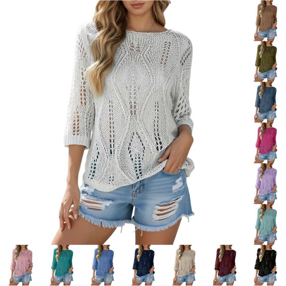 Gunia Crochet Beach Cover Up Women Hollow Out Lightweight Knit Short Sleeve Tee Top Sweater Crocheted Tops