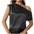thumbnail image 2 of Women's Silk Satin Tops 2025 Elegant Off The Shoulder Blouse Dressy Solid Short Sleeve Ruched Tunic Shirts, 2 of 4
