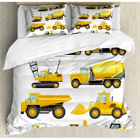 Boy's Duvet Cover Set, Abstract Images of Construction Vehicles and Machinery Trucks Bulldozer Crane, Decorative Bedding Set with Pillow Shams, Earth Yellow Black, by Ambesonne