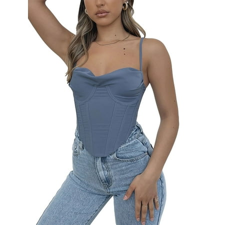 

Sunisery Women Summer Vest Solid Zipper Backless Strappy Corset Crop Tops Casual Streetwear Slim Camisoles Blue M