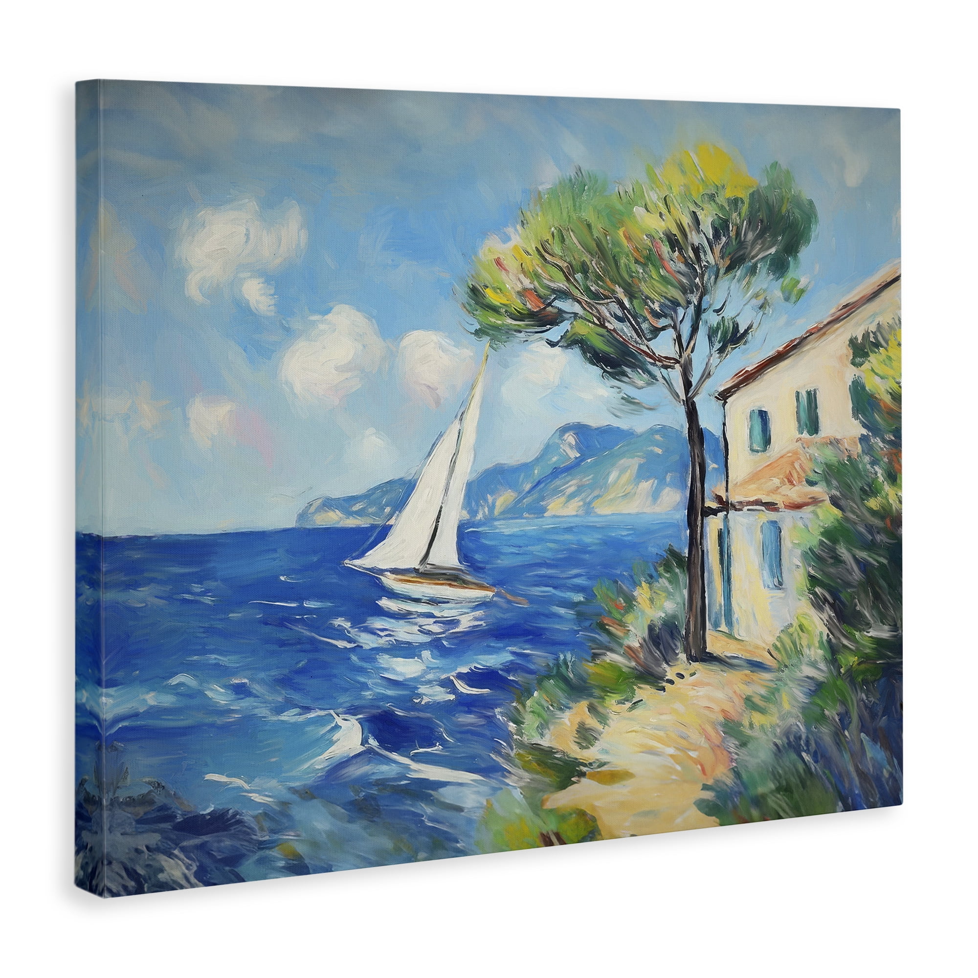 Stupell Industries Sailboat & Beach Villa Coastal Painting Gallery Wrapped Canvas Art Print Wall Art, 48 x 36