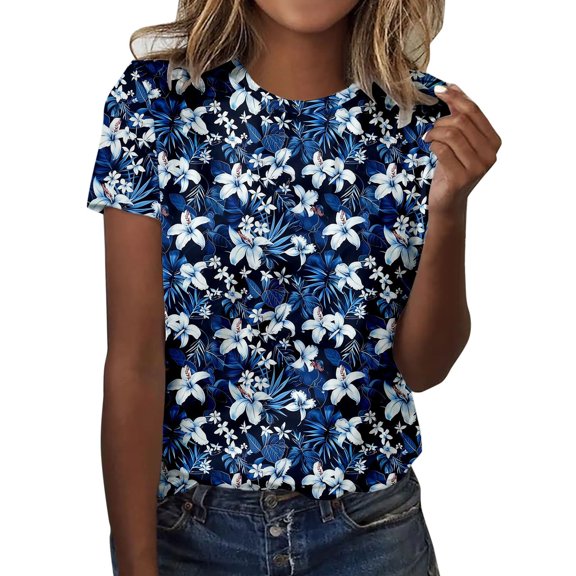 DHFJKG Women's Floral Summer Beach Top Short Sleeve Casual Crew Neck Loose Fit T Shirt Vacation Boho Tee Versatile Tops