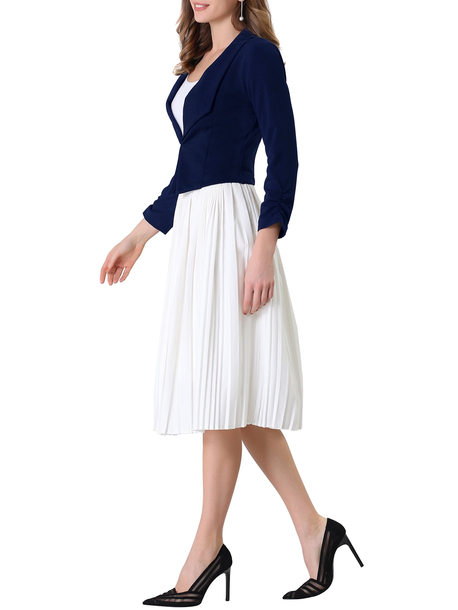 DARING DIVA Women's Notched Lapel Ruched Sleeve Crop Blazer M Dark Blue