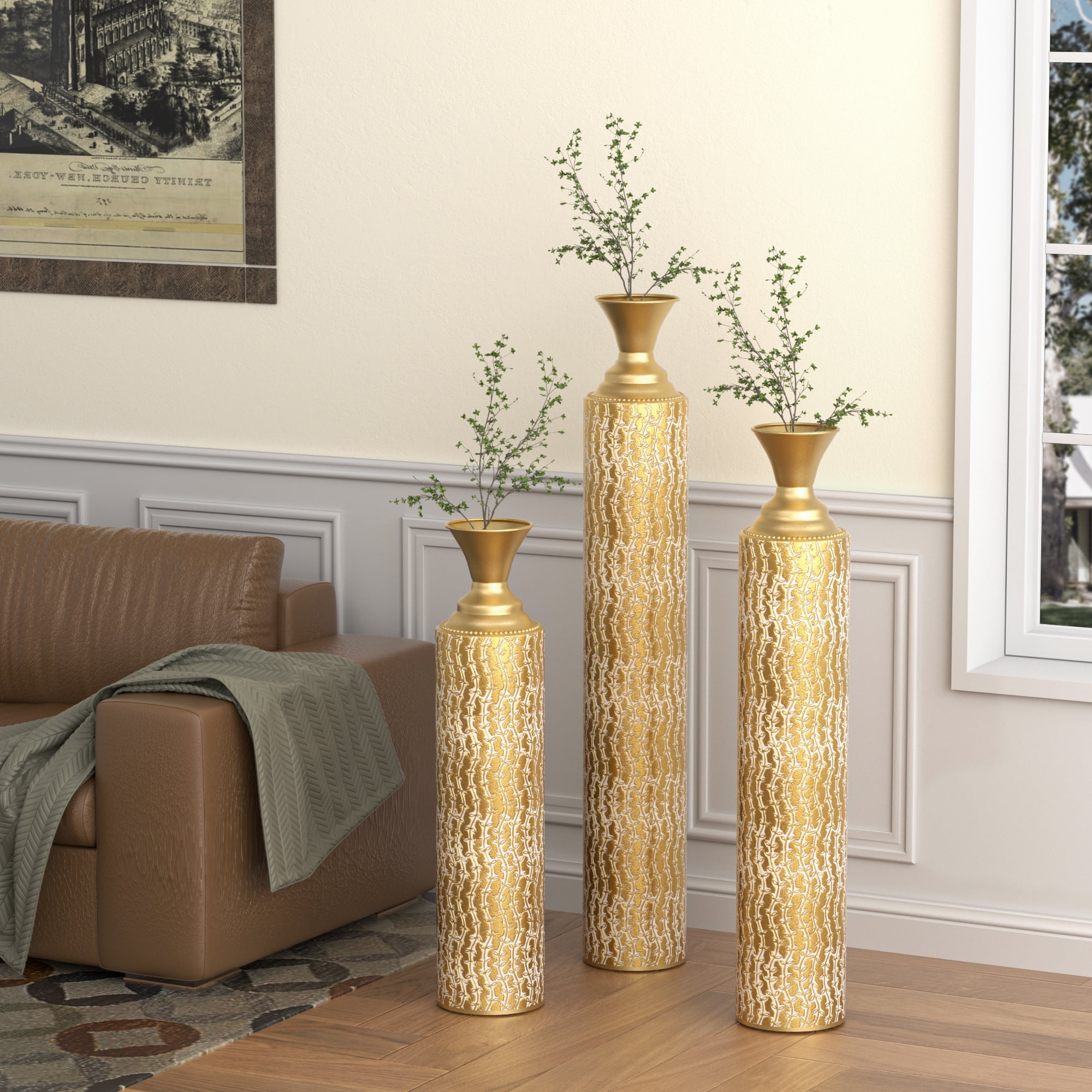 Aukfa Tall Floor Vase for Flowers,Set of 3 Large Metal Glazed Vase,25"/29"/34",Gold