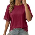 thumbnail image 3 of Women's Oversized Crew Neck Short Sleeve T Shirt, Lace Patchwork Detail with Relaxed Loose Fit, for Summer Casual Daily Wear or Street Style Outfits Wine, 3 of 6