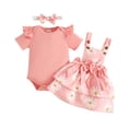 thumbnail image 3 of Infant Girls 3 Piece Daisy Print Outfit Set Short Sleeve Romper Suspender Skirt And Headband Cute Summer Clothes For Baby Toddlers,Pink,6M, 3 of 9