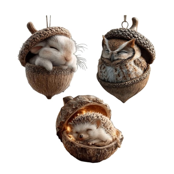 3 PCS 2D Forest Animal Acorn Ornaments – Cozy Forest Woodland Friends Acorn Dreams Ornaments – Pine Cone Animal Christmas Decor, Squirrel Hanging Ornament for Christmas Tree
