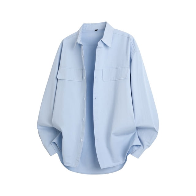 SBYOJLPB Men's Solid Color Button Turndown Collar Long Sleeved Shirt Double Pocket Work Shirt
