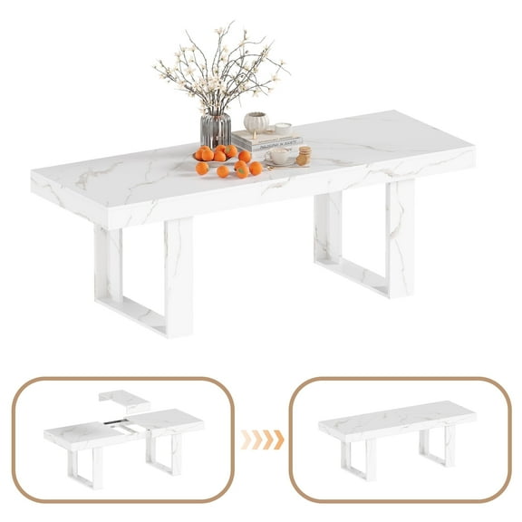 Coewske 70.9''-86.6'' Wooden Extendable Dining Table Kitchen Expanding Table w/Faux Marble Tabletop White