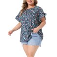 thumbnail image 4 of Agnes Orinda Women's Plus Size Floral Print Blouse Bohe Crew Neck Tulip Sleeves Summer Casual Tops 4X Navy Blue, 4 of 6