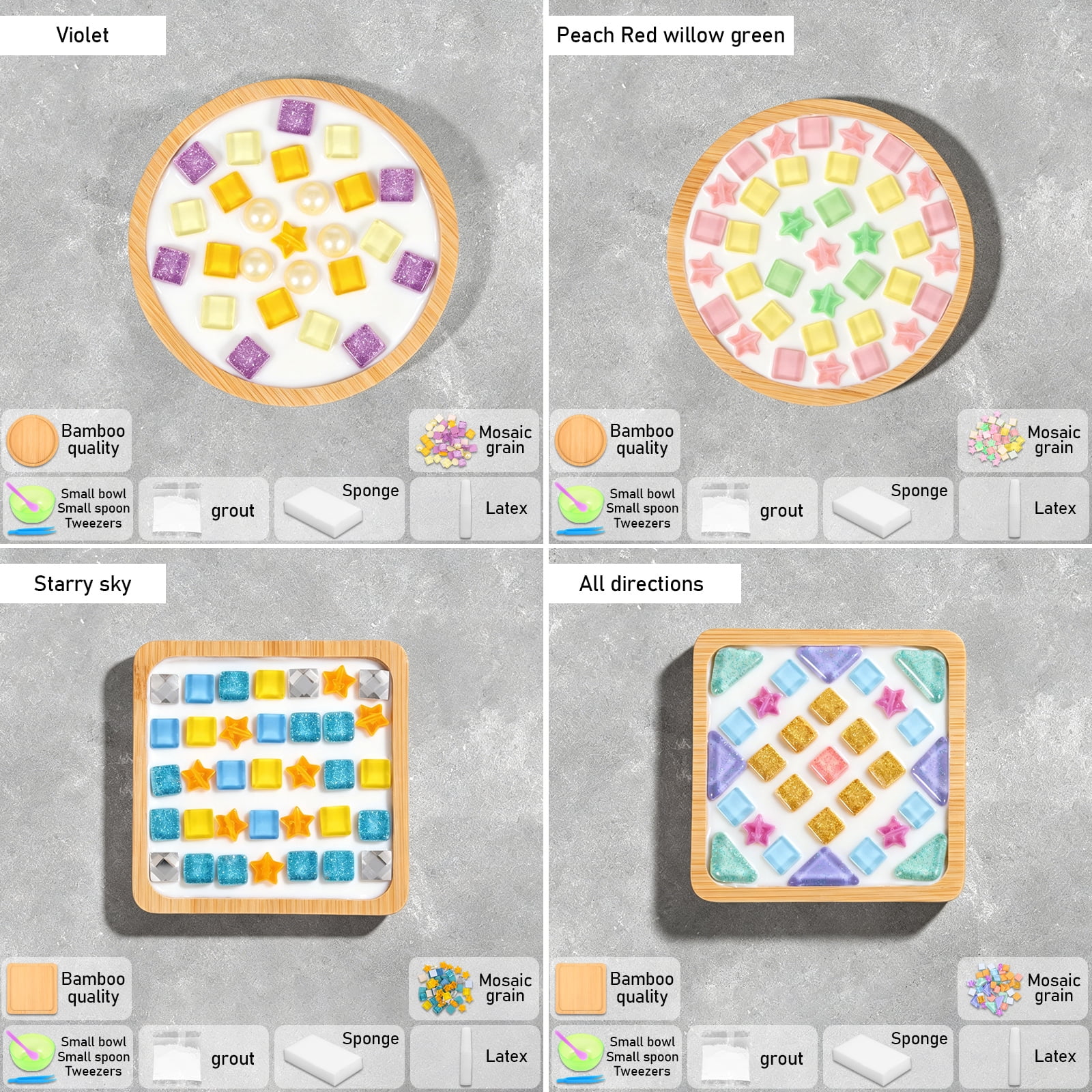 Austok 4 Pcs DIY Mosaic Kit for Adult Glass Tile for Craft with Bamboo Cup Pad for Women Mixed Color Mosaic Art Craft Cup Mat Project Handmade Making Kit Set for Home Decor Present