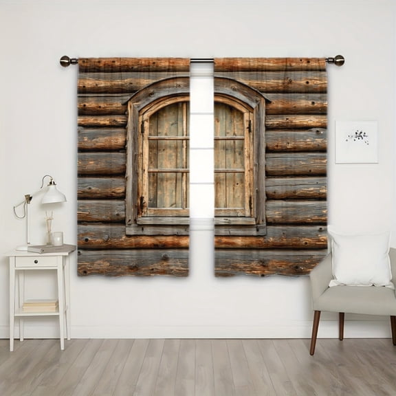 WNOOHIY Rustic Log Cabin Window Scenery Light-filtering Curtains for Living Room Bedroom Home Decor, Set of 2 Panels