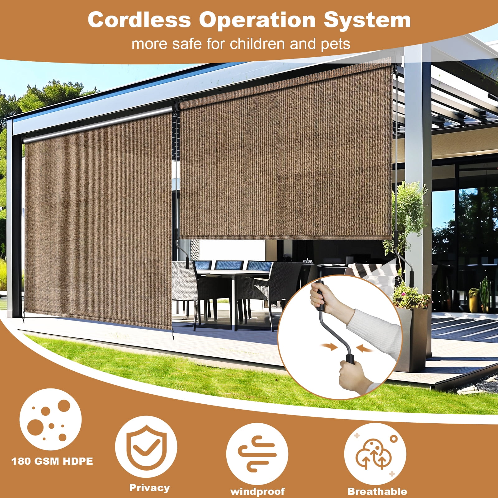 LIFERUN Outdoor Roller Sun Shade 8'W x 6'H, HDPE shade cloth, aluminum tube, cordless wand crank,for pergola/patio/porch/garden (Coffee)