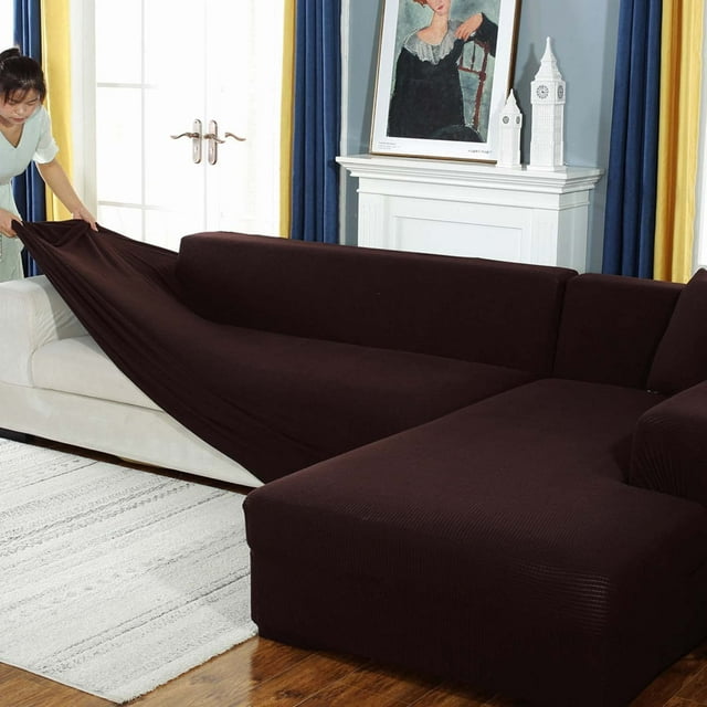 Housse de Sofa en L Extensible et Durable pour 1 2 3 4 Places (Brun, Forme en L : 2 Places + 3 Places)
