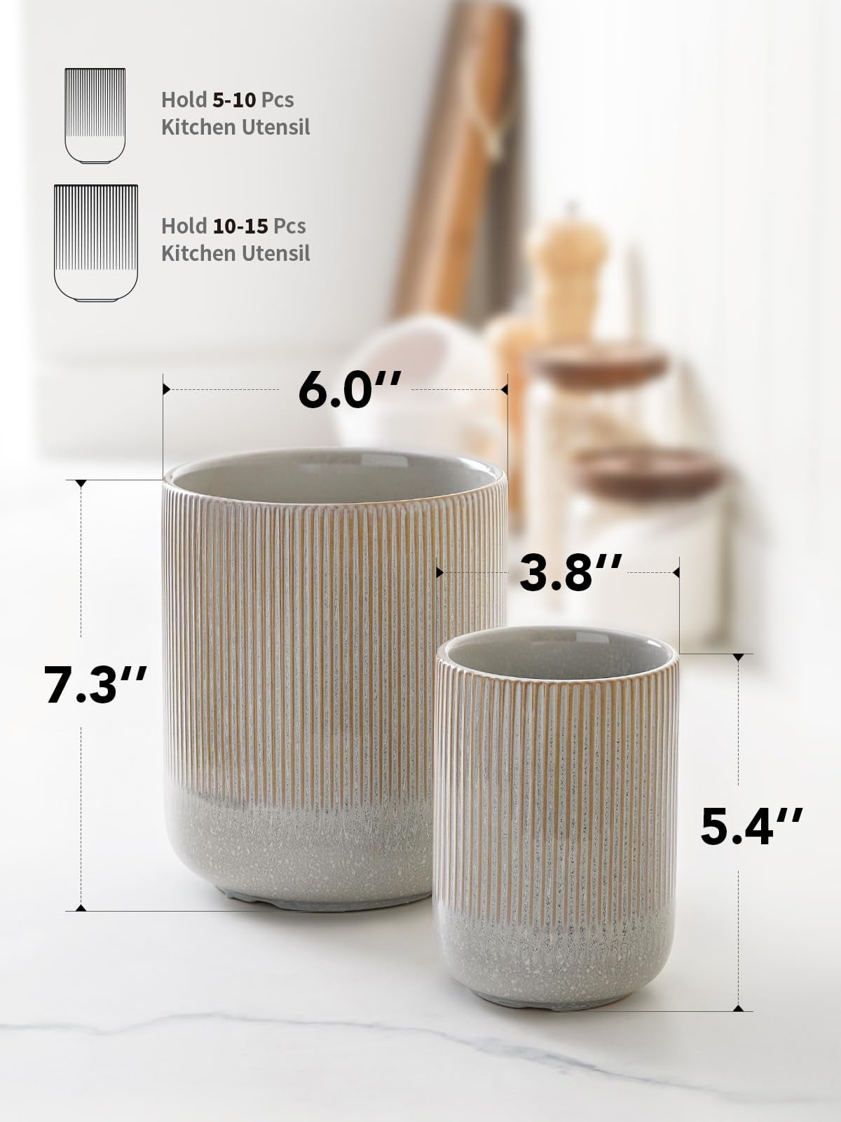 LE TAUCI Set of 2 Utensil Holder, 7.3"+5.4" Ceramic Crocks for Kitchen, Cooking Organizer & Plant Pots
