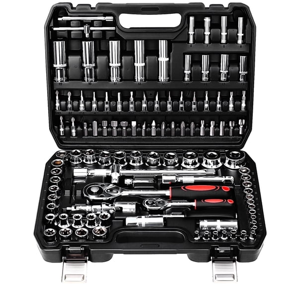 TLGREEN 108 Pcs Mechanic Socket Tool Kit，CR-V Steel Metric and Standard 1/4" & 1/2" Ratchet set, Universal Joint, Extension Bars,Adapter,Ratchet Wrench,Socket Set for Car