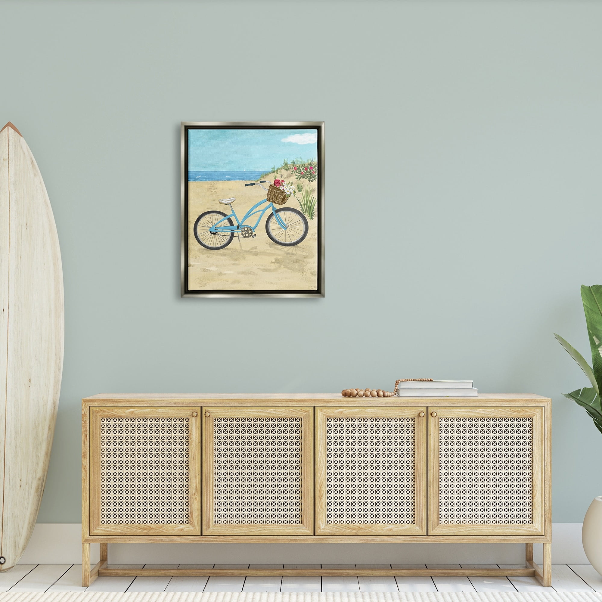 Stupell Industries Blue Bicycle Flower Blossom Basket Beach Sand Painting Luster Gray Floating Framed Canvas Print Wall Art, Design by Sharon Lee
