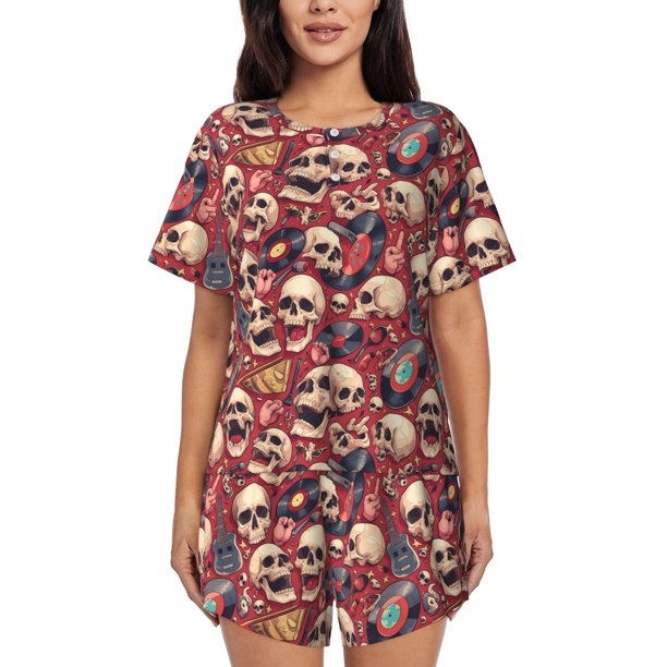 Fotbe Skull record Guitar music Conjunto de Pijama Estampado para Mujer, 2 Piezas, Ropa de Dormir con Camiseta de Manga Corta y Shorts Suaves-Medium