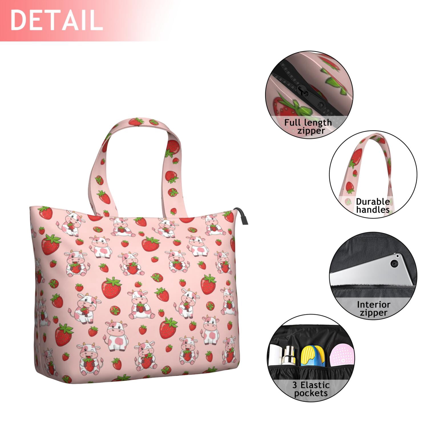 Pink Cow Strawberry Pattern Travel Tote Bags for Women Carry On,Large Weekender Bags for Women Travel,Multi Functional Duffle Bag for Work,Shopping,Sports