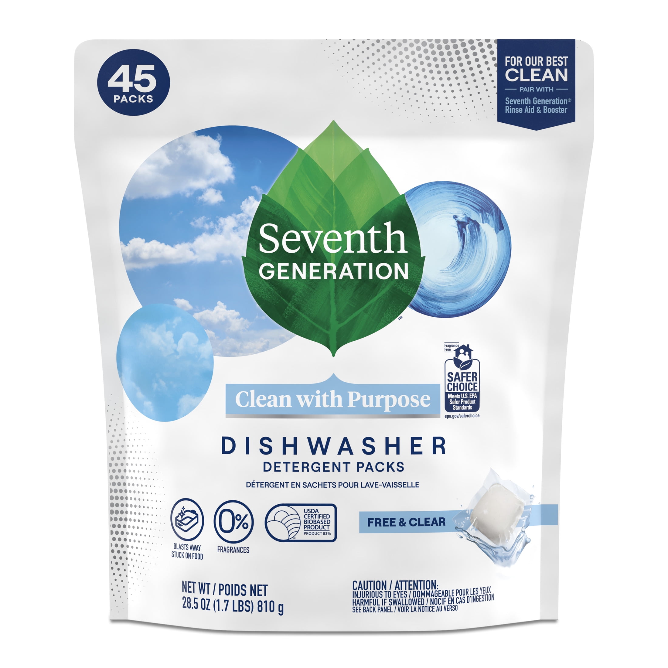 Seventh Generation Clean with Purpose Free and Clear Dishwasher Detergent Pods, 28.5 oz, 45 Count