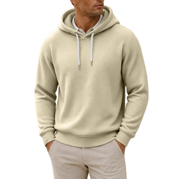 Ozmmyan Plus Size Mens Waffle Knit Hooded Long Sleeve Relaxed Fit Casual Pullover Hoodie Fall Winter
