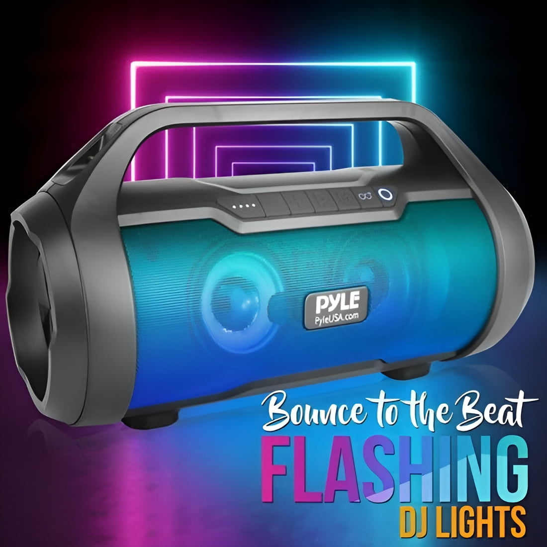 Pyle PBMWP185 - BoomBox Speaker System - & Portable Stereo Radio Speaker with Built-in RGB Lights, FM Radio