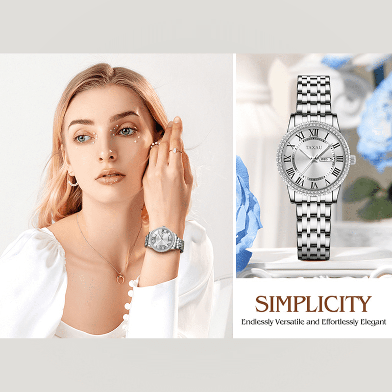 Elegant Silver Women\'s Watch - Luxury Diamond Detail, Waterproof, Small Wrist TAXAU Women main image 4