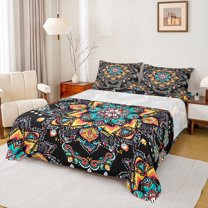 Manfei Vintage Damask Female Bed Sheets, Mystic Orange Blue Floral King Sheets, Southwestern Sheet Set, Microfiber Bedroom Decor, 4pcs