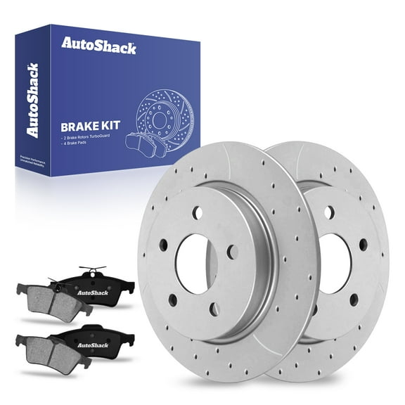 AutoShack Rear Drilled & Slotted Brake Rotors Ceramic Brake Pads | Replacement for 2012-2018 Ford Focus 2.0L FWD | Silver Coated | 6-PC Brake Kit | TurboGuard