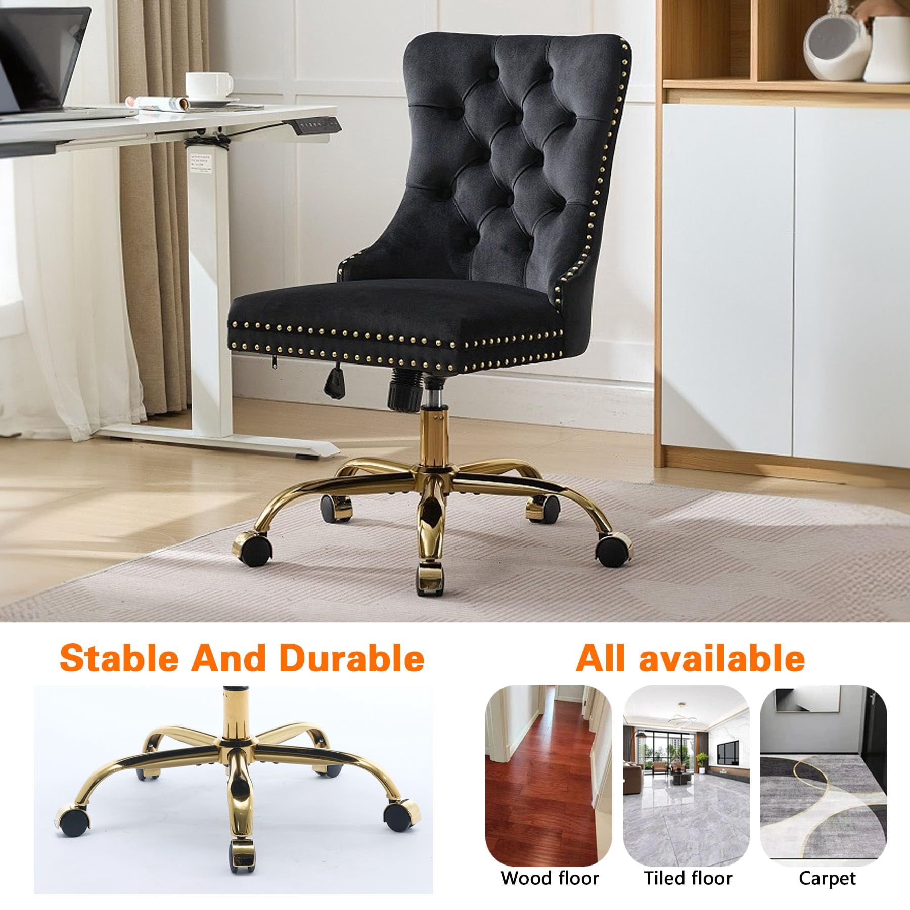 Pawverly Velvet Upholstered Office Chair, Tufted Button Swivel Desk Chair with Adjustable Height, Gold Metal Base & Wheels, Modern Vanity Chair, Black
