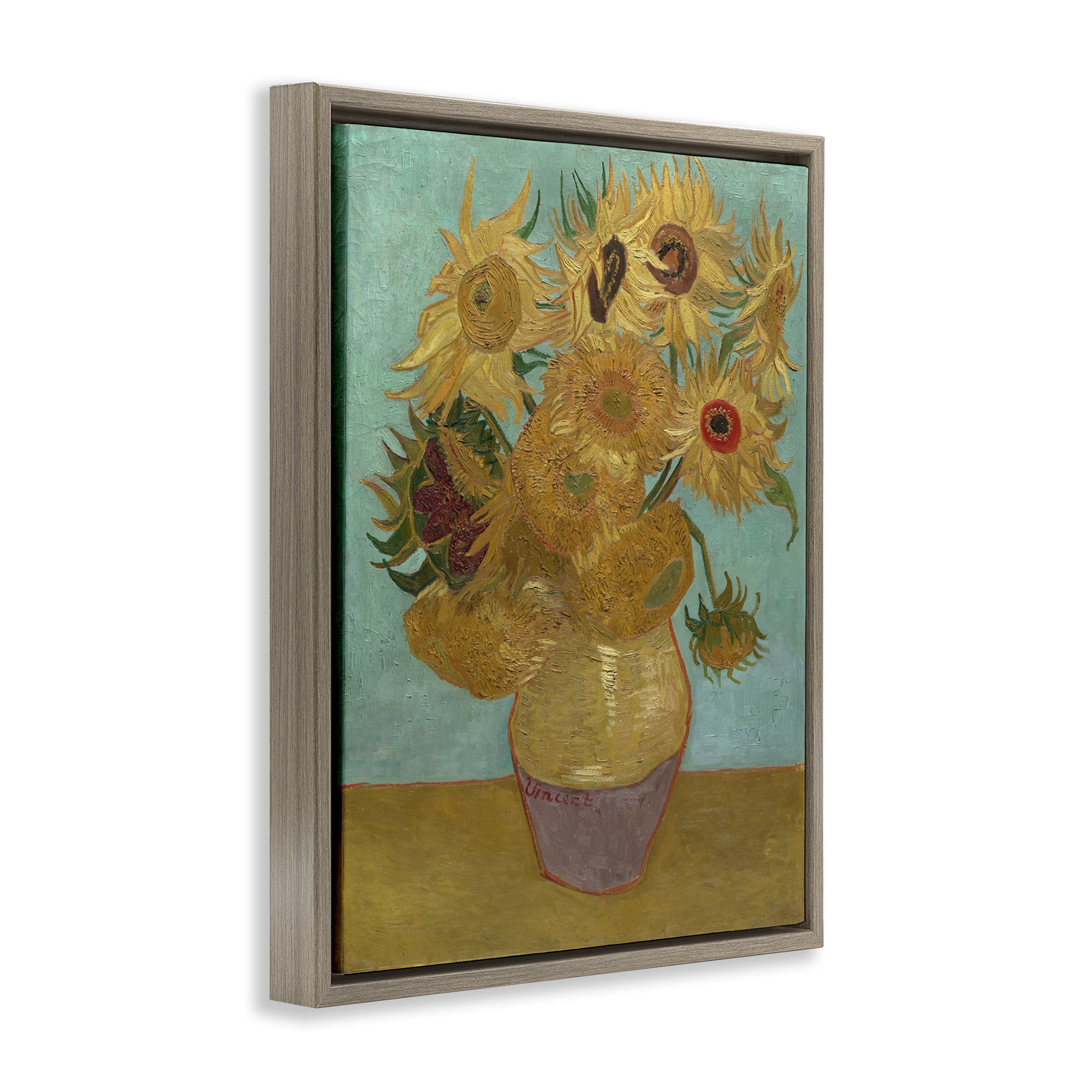Stupell Industries Van Gogh Sunflowers on Blue Plants & Flowers Painting Brown Floater Framed Canvas Art Print Wall Art, 17 x 21