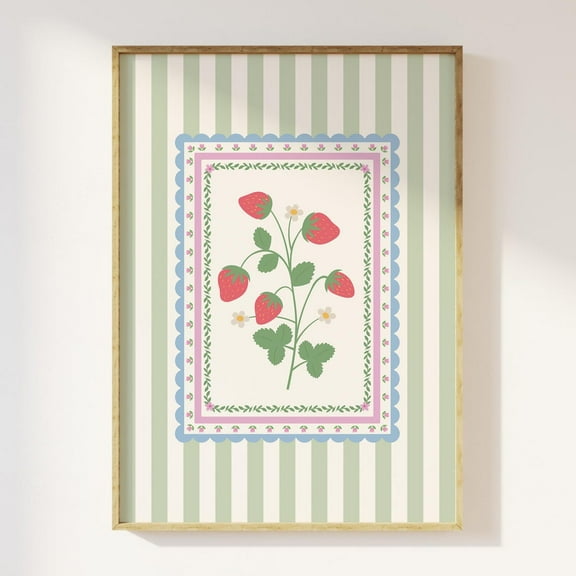 Vintage Striped Strawberry Print, Art, Cottagecore Wall Art, Botanical Art Print, Cute Trendy Wall Art Wall Art, Modern Wall Decor, 8x12 UNFRAMED