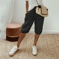 thumbnail image 2 of Dwellite Plus Size Bermuda Shorts for Women Knee Length Cotton Linen Elastic Waist Drawstring Shorts Summer Loose Capri Pant Black M, 2 of 7
