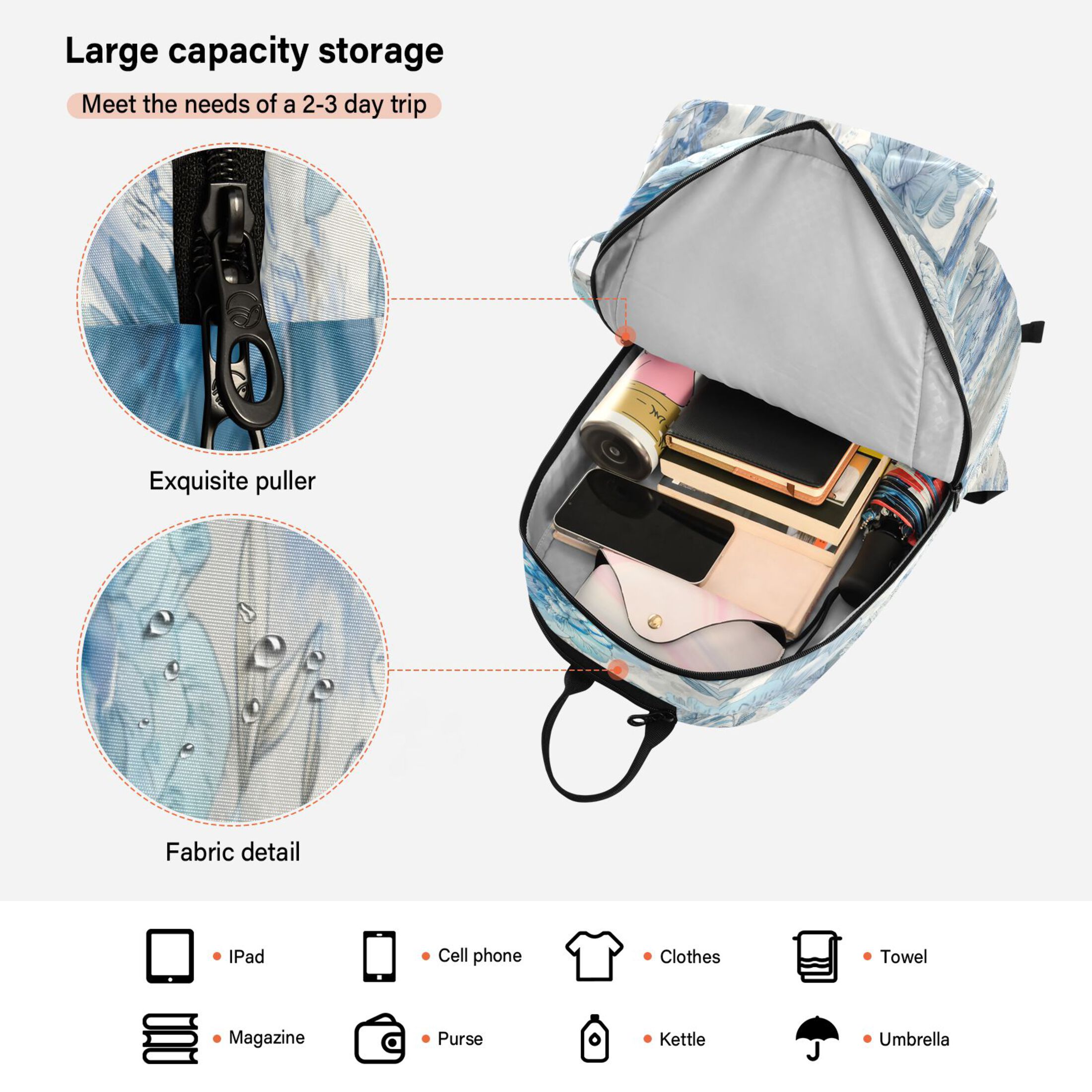 2 Racquet Holder Tennis Backpack Tennis Racket Covers Gym Bags Bright Blue Blooming Peonies