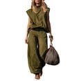 thumbnail image 2 of Cagogo Women Plus Size High Neck Sleeveless 2 Piece Set Casual Loose Fit Solid Summer Vacation Outfits Boho Print Pants Matching Lounge Sets Cruise Travel Clothes, Army Green 3XL, 2 of 5