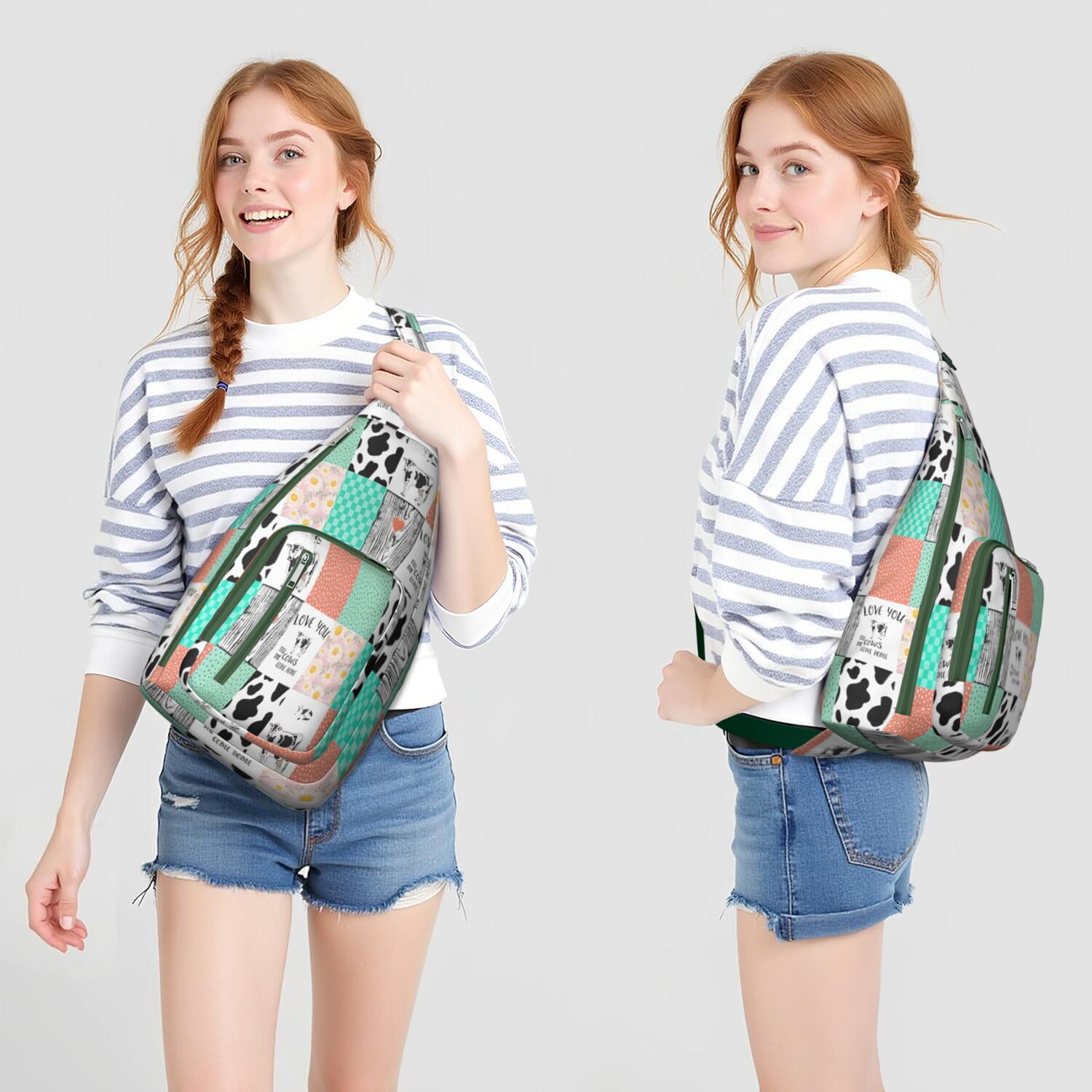 Highland Cow Print Canvas Sling Bag - Rustic Farmhouse Crossbody Backpack for Men & Women, Cute Cow Lovers Shoulder Daypack (Black & White Cow Pattern, Funny Farm Design, Unisex Casual Rucksack)