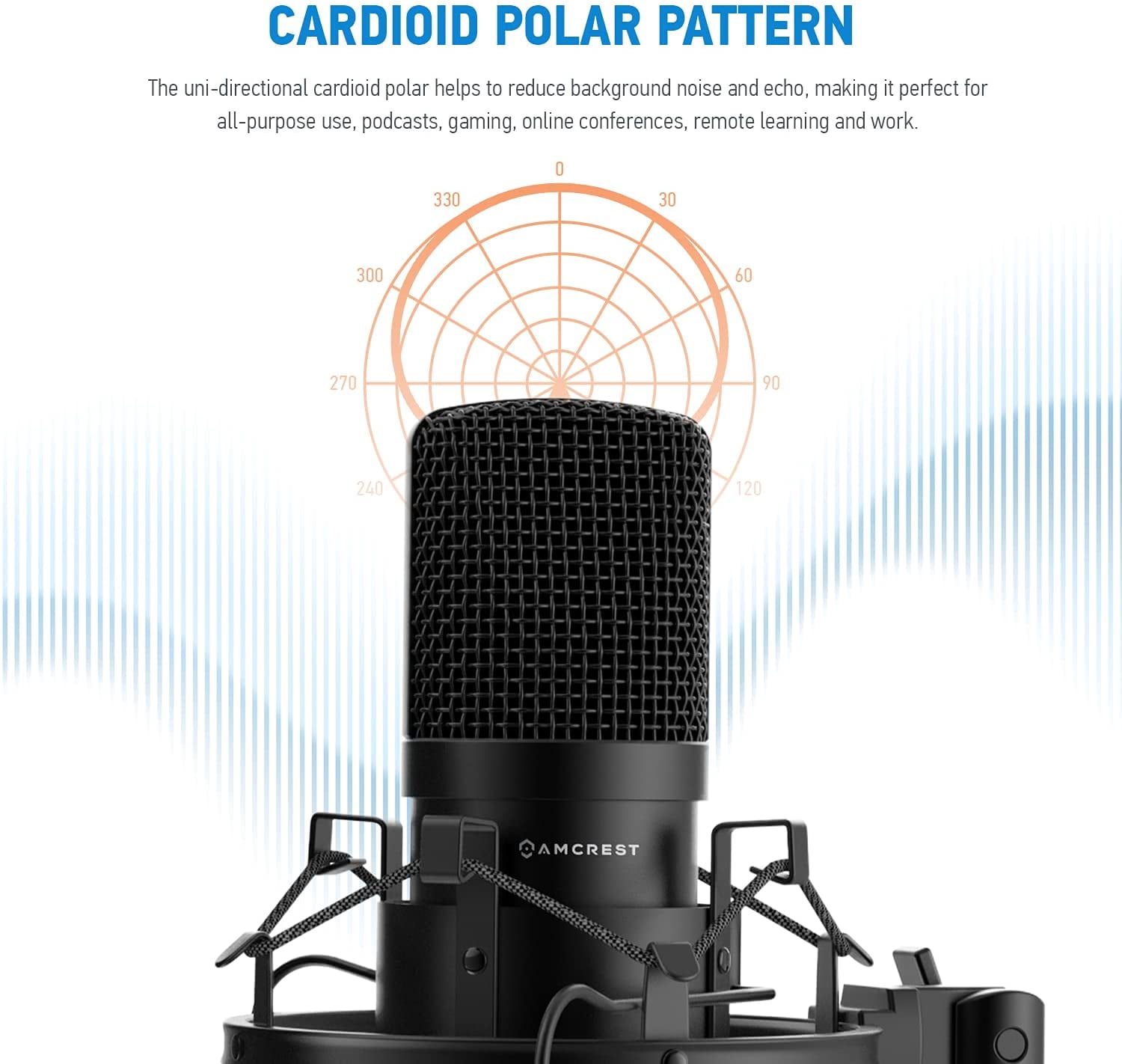 Amcrest USB Microphone for Voice Recordings, Podcasts, Gaming, Online Conferences, Live Streaming, Cardioid Microphone with Boom Arm, Pop-Filter, Shock Mount, AM430-BPS