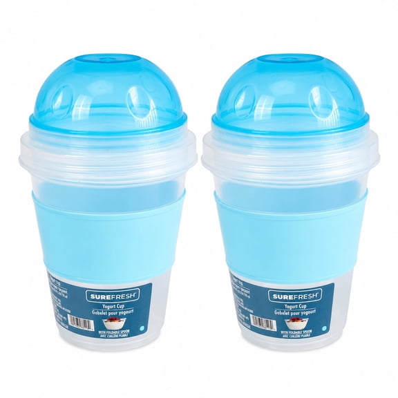 Surefresh Yogurt Cup with Foldable Spoon, Snack Container with Dome Lid, BPA-Free Reusable Food Storage Cups, Blue, 2-Pack