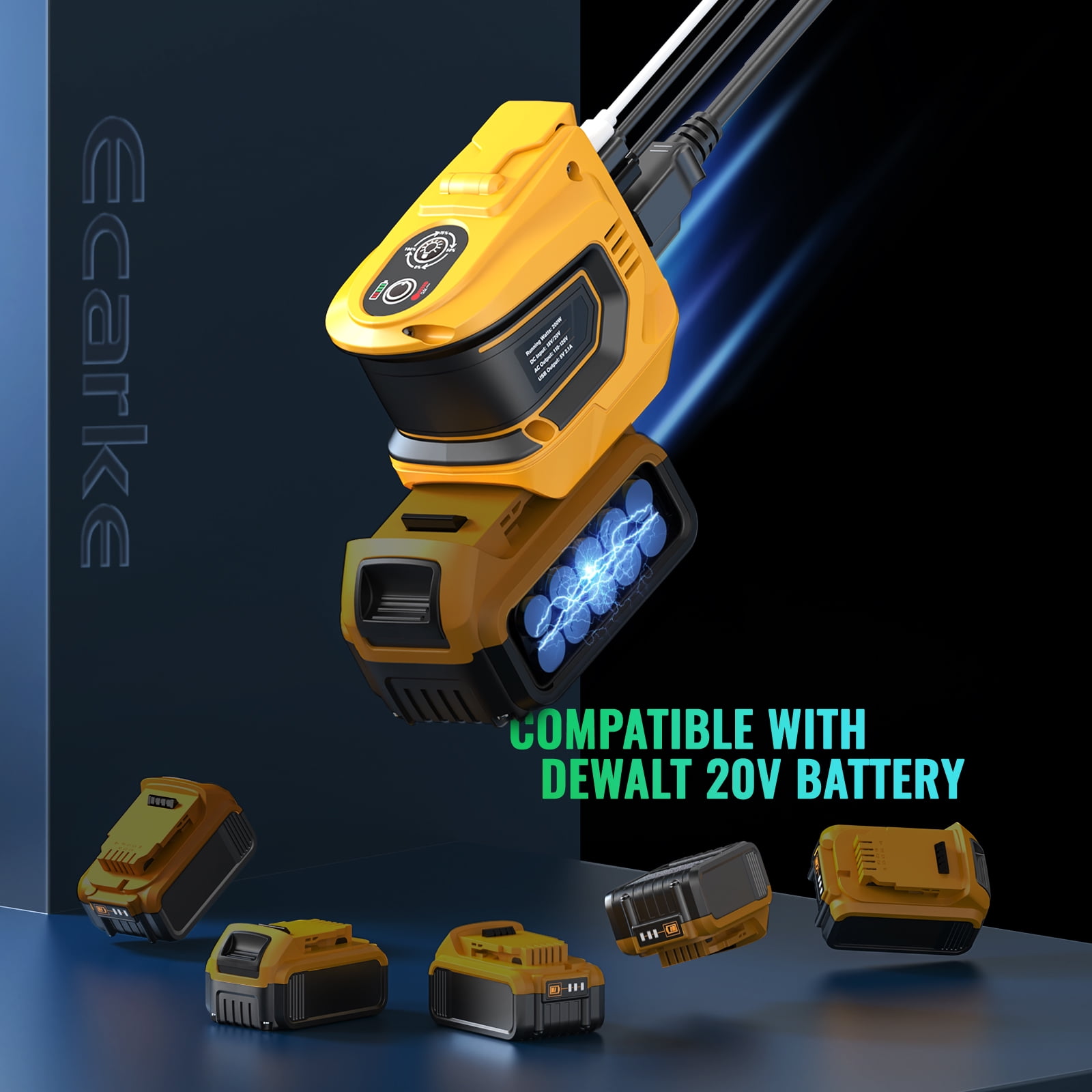 Ecarke 200W Portable Power Inverter, for Dewalt 20v Battery, USB and AC Outlets
