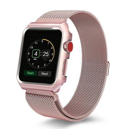 Noir Apple Watch Band with Case 42mm, Stainless Steel Mesh Milanese Loop for Apple Watch Series 4 3 2 1 - Rose Gold