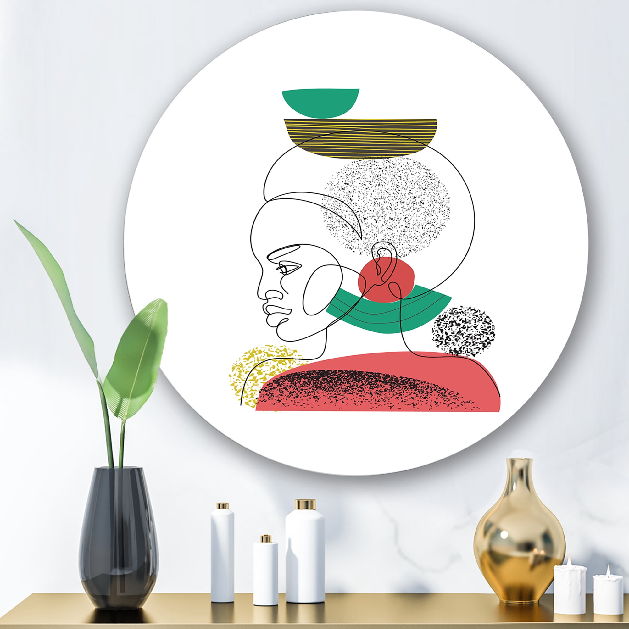 Designart 'One Line Portrait of Afro American Women VI' Modern Circle Metal Wall Art 23x23 - Disc of 23