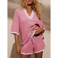thumbnail image 2 of Womens Sweater Set 2 Piece Outfits Oversized 3/4 Sleeve V Neck Knit Tops High Waisted Shorts Lounge Sets Pink M, 2 of 6