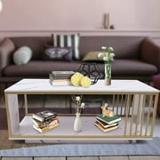 Miumaeov Marble Coffee Table Modern Living Room Table with Gold Metal Frame and Storage Shelf, 2 Tier Living Room Center Table for Home Furniture Office Decor