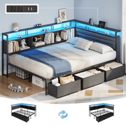 Satifur L-Shaped Corner Bed Frame with 3 Storage Drawers, 3 Cubbies & Double-Layer Shelf, LED Lights & Power Outlet, Corner Full Beds for Living Room, Bedroom and Guest, Black